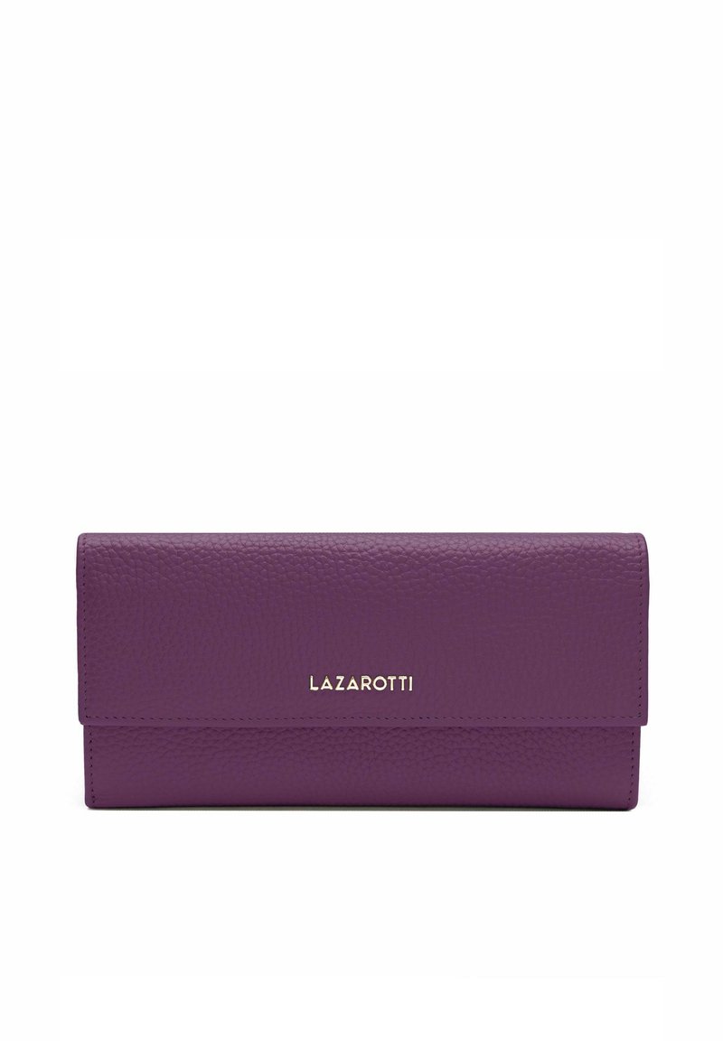 Portafoglio in pelle viola con una finitura testurizzata, caratterizzato da un logo dorato "LAZAROTTI" sul fronte e un design rettangolare elegante.