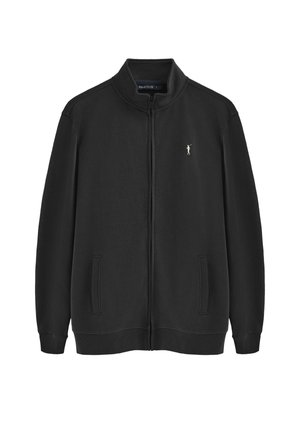 Giacca nera con zip e colletto alto, due tasche laterali e un piccolo logo ricamato sul lato sinistro del petto. Tessuto morbido con una texture liscia.