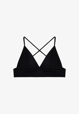 Schwarzer Bralette mit dreieckigen Cups, strukturiertem Stoff, breitem Unterband und überkreuzten Trägern. Einfaches Design, keine zusätzlichen Beschläge oder Akzente.