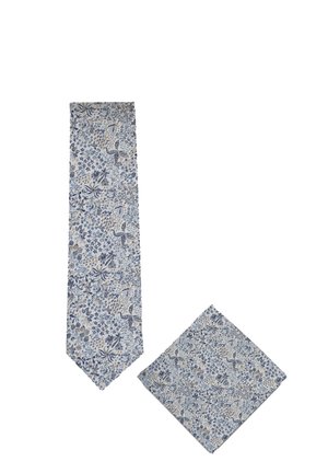 Blue and white floral patterned necktie and matching pocket square with detailed small flowers and leaves on a light background.