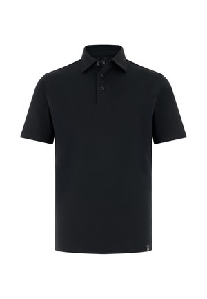 Czarna koszulka polo z krótkim rękawem, kołnierzykiem i trzema guzikami na listwie, przedstawiona na białym tle.