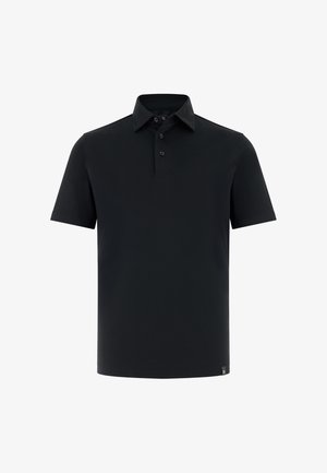 Czarna koszulka polo z krótkim rękawem, kołnierzykiem i trzema guzikami na listwie, przedstawiona na białym tle.