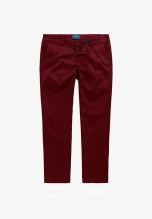 Pantalones ajustados burgundy para hombre con botón y cremallera, bolsillos laterales y una etiqueta Boston Park en la cintura.