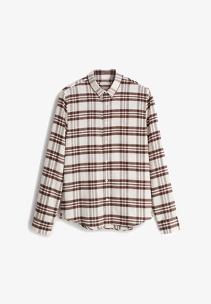 Koszula w kratę z długim rękawem w kolorze białym, brązowym i ciemnoczerwonym. Miękka tkanina, z zapięciem na guziki, klasycznym kołnierzykiem i zaokrąglonym dołem.