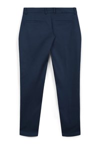 Pantalons formels bleu marine avec passants de ceinture et deux poches arrière passepoilées, présentés de l'arrière sur un fond blanc.