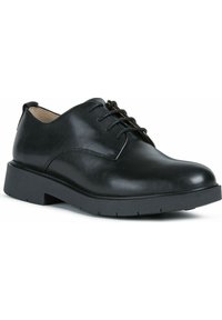 Scarpa oxford in pelle nera con finitura liscia, punta rotonda, allacciatura a due occhielli e suola in gomma spessa e textured.