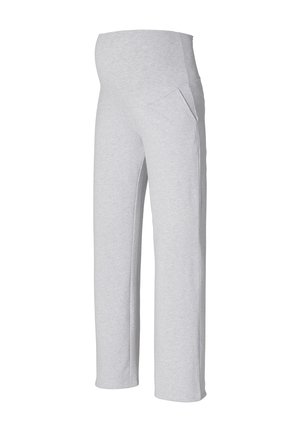 Graue Umstandshose aus weichem Stoff mit einem breiten Bund, seitlichen Taschen und einem lässigen, geraden Schnitt.