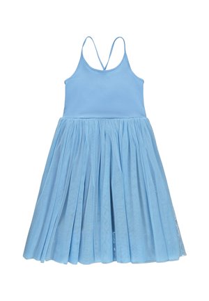 Jasnoniebieska sukienka bez rękawów z cienkimi, krzyżującymi się ramiączkami i plisowaną spódnicą z tiulu, zaprojektowana dla dziecka.