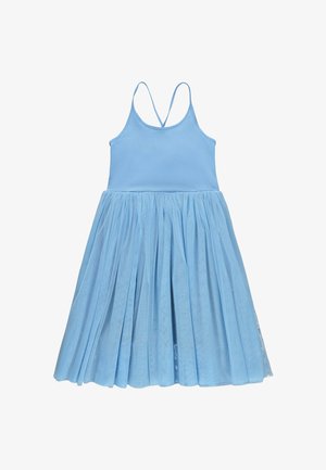 Hellblaues ärmelloses Kleid mit dünnen, überkreuzten Trägern und einem plissierten Tüllrock, entworfen für ein Kind.