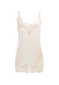 Silkeslen rosa cami-top med delikat vit spetsdetalj, med justerbara axelremmar och V-formad halsringning, mjukt material och flödande design.