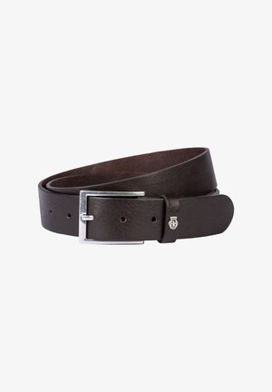 Dark brown leather belt with silver rectangular buckle and small metallic emblem on belt loop, coiled on white background.