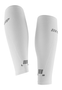 White compression sleeves made of textured fabric, featuring a snug fit, ribbed hems, and gray branding on the side.
