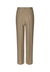 Pantalons beiges ajustés à coupe droite, dotés de deux poches arrière, d'une texture lisse et d'une taille classique.
