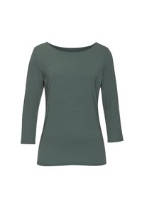 Groene, lange mouw t-shirt met een brede halslijn, gemaakt van zachte stof, met een aansluitend ontwerp en een gladde textuur.