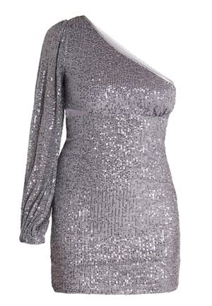 Stříbrné šaty se třpytkami s přiléhavým střihem, jedním dlouhým rukávem, texturovaným povrchem a asymetrickým výstřihem, zdobené na pasu nařasením.