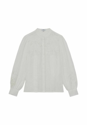 Weiße Bluse mit langen Ärmeln, floral bestickt auf Brust und Ärmeln, vorn mit Knöpfen und mit Manschetten an den Handgelenken.