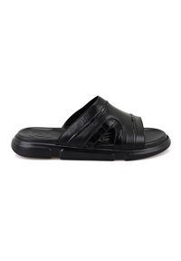 Zwarte slide sandalen van leer, met een open ontwerp en geweven accenten, plus een gekartelde zool. Verstelbare voetbed voor comfort.