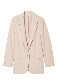 Blazer beige à bouton unique avec revers crantés, manches longues et deux poches à rabat à l'avant.