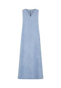 Robe en denim bleu clair sans manches avec un décolleté en V et une coupe droite longueur cheville.