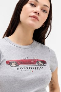 Grey cotton t-shirt featuring a red convertible graphic with detailed wheels. Text reads "PORTOFINO ITALIA 1972" below the design.