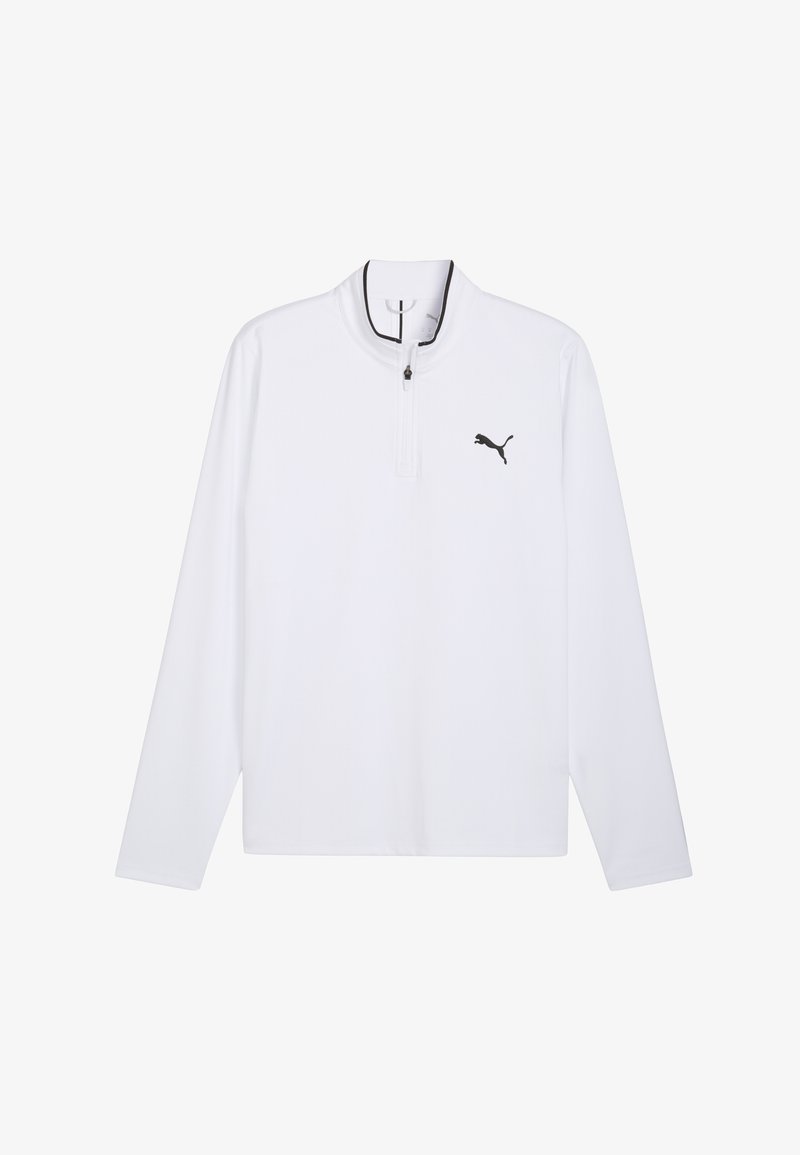 Weißes Langarmshirt mit einem Viertel-Reißverschluss am Hals, versehen mit einem schwarzen Logo auf der Brust und einer glatten, atmungsaktiven Stoffstruktur.