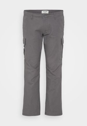 Gray cargo pants with a straight fit, made of cotton blend fabric. Features multiple side pockets and a standard waist. Smooth texture.