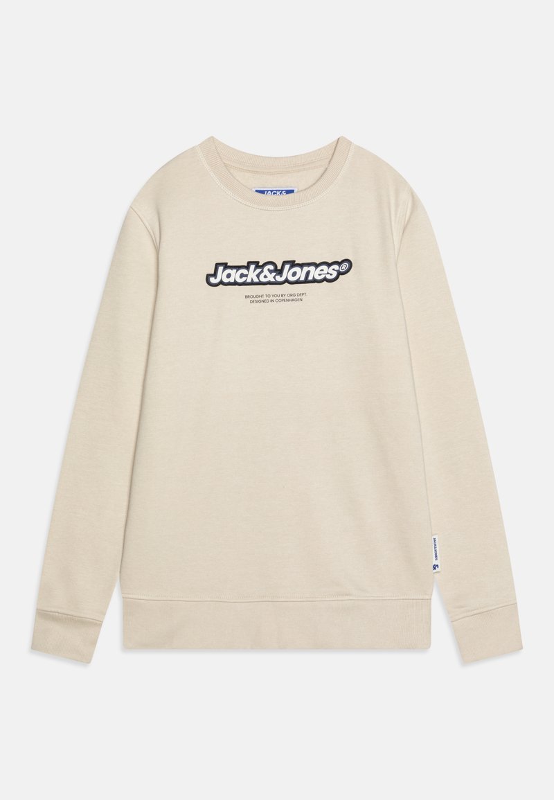 Felpa beige con collo rotondo, maniche lunghe e polsini a costine, caratterizzata da un logo nero ben visibile sul davanti. Tessuto morbido, design casual.