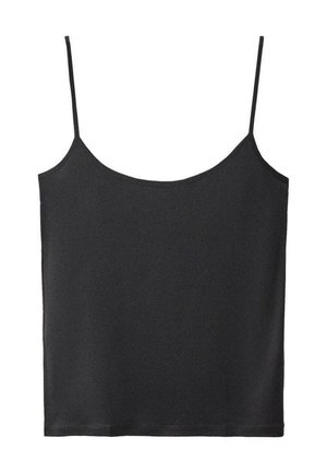 Top senza maniche di colore nero con spalline sottili. Tessuto morbido, design semplice, orlo dritto. Nessun motivo visibile o dettagli metallici.