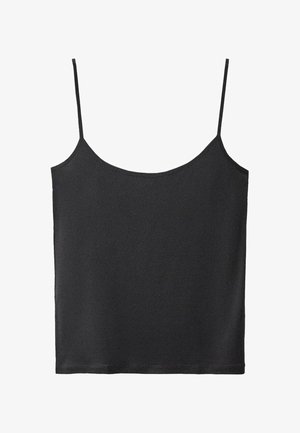 Čierny bezrukávový top s tenkými ramienkami. Mäkká tkanina, jednoduchý dizajn, rovný lem. Žiadne viditeľné vzory ani hardvérové detaily.