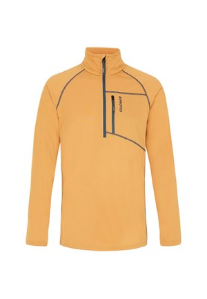 Sudadera de forro polar naranja con cuello con media cremallera, con acentos grises y un bolsillo en el pecho. Tejido ligero y texturizado con mangas largas.