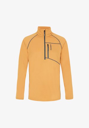 Sudadera de forro polar naranja con cuello con media cremallera, con acentos grises y un bolsillo en el pecho. Tejido ligero y texturizado con mangas largas.