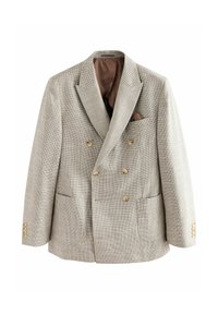 Double-breasted light gray blazer in textured fabric. Features gold buttons, two front pockets, and a brown lining with a pocket square.