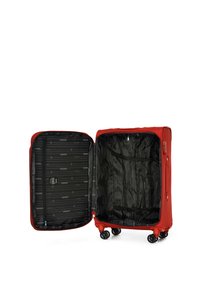 Maleta rígida roja con un interior forrado en negro, múltiples compartimentos de almacenamiento y cuatro ruedas que ruedan suavemente. Cierre de cremallera y asa incluidos.