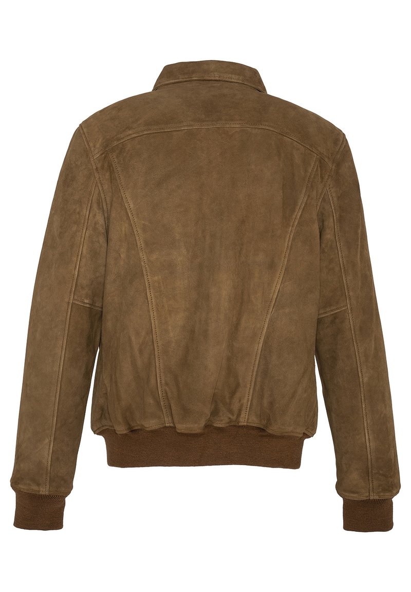 Giacca in suede marrone con colletto, polsini e orlo a coste, caratterizzata da dettagli nelle cuciture e una vestibilità leggermente rilassata.