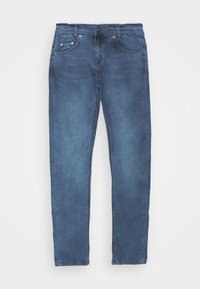 Pantalones vaqueros de denim en un lavado azul medio, con un diseño de pierna recta, cinco bolsillos y detalles de costura. Textura suave, ajuste clásico.