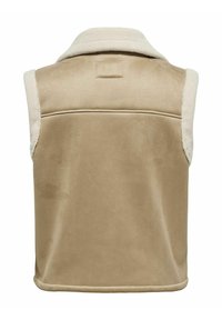 Beige ärmlös väst med en mjuk, fleece-liknande foder och en platt krage. Slät yta med en enkel baksida och inga synliga stängningar.