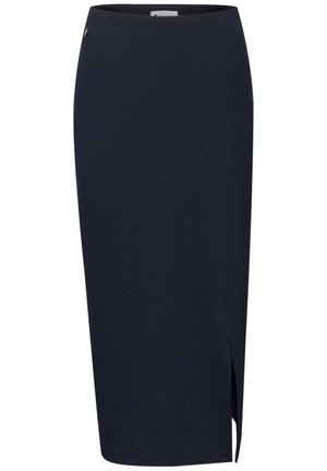 Marineblaue Bleistiftrock bis zum Knie mit einem seitlichen Schlitz auf der linken Seite, aus strukturiertem Stoff gefertigt.