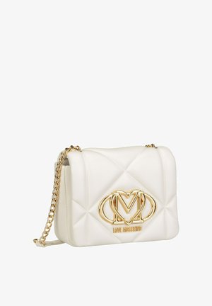 White quilted leather crossbody bag with gold hardware, featuring an embossed logo on the front and a chain strap.