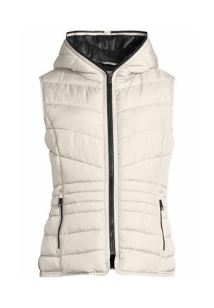 Light beige sleeveless padded vest with hood and black zipper closure, featuring two zippered side pockets.