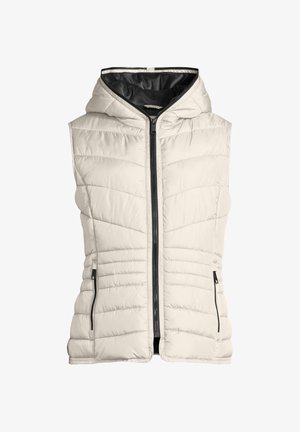 Light beige sleeveless padded vest with hood and black zipper closure, featuring two zippered side pockets.