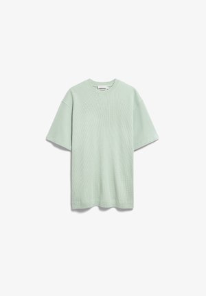 Hellgrünes T-Shirt aus Waffelstrick mit kurzen Ärmeln, Rundhalsausschnitt, lockerer Passform und sichtbarem Markenetikett im Kragen.