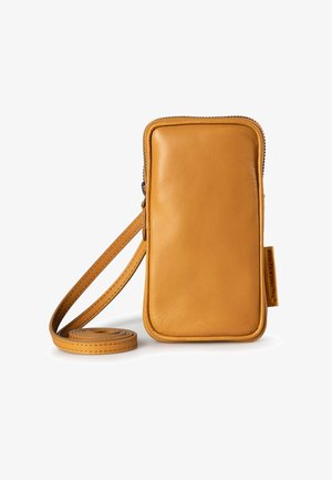 Kleine gelbe Leder-Umhängetasche mit Reißverschluss und dünnem verstellbarem Tragegurt. Glatte Textur und minimalistisches rechteckiges Design.