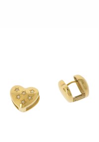 Zapięcie w kształcie serca w kolorze złotym z ozdobami w kształcie gwiazdek i diamentowymi akcentami, połączone z zaokrąglonym, prostokątnym zapięciem. Gładka faktura powierzchni.