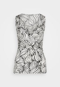 Haut sans manches noir et blanc style portefeuille avec motif abstrait de feuilles ondulées et décolleté en V.