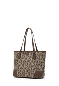 Borsa tote con motivo marrone, base e dettagli in pelle marrone. Presenta due manici e una targhetta con il logo sul davanti.