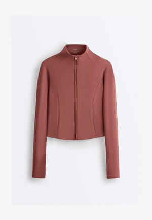 Bluza z długim rękawem w kolorze przydymionego różu, zapinana na zamek, z wysokim kołnierzem i dopasowanymi szwami, prezentowana na białym tle.