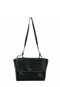 Borsa a tracolla in pelle nera con chiusura a zip, cinturino regolabile e pattina frontale. Presenta un accento in metallo argentato e una texture liscia.