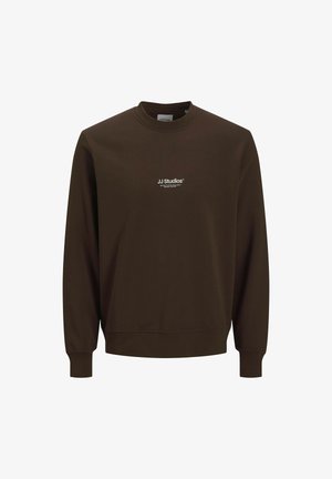 Brun sweatshirt lavet af blødt stof med rund halsudskæring, lange ærmer og diskret hvid "JJ Studios" branding på forsiden.