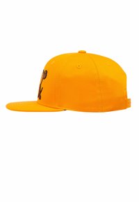 Gelbe Baseballkappe mit flacher Krempe, besticktem Affenmotiv und Belüftungsöffnungen auf der Krone. Hergestellt aus Textilmaterial.