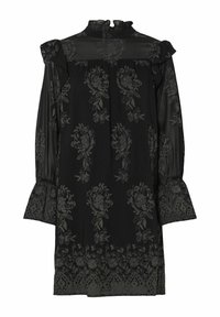 Černé šaty s průhlednými dlouhými rukávy, volánkovým límcem a květinovým vzorem. Obsahují texturované manžety a volný střih s propracovaným designem spodního lemu.